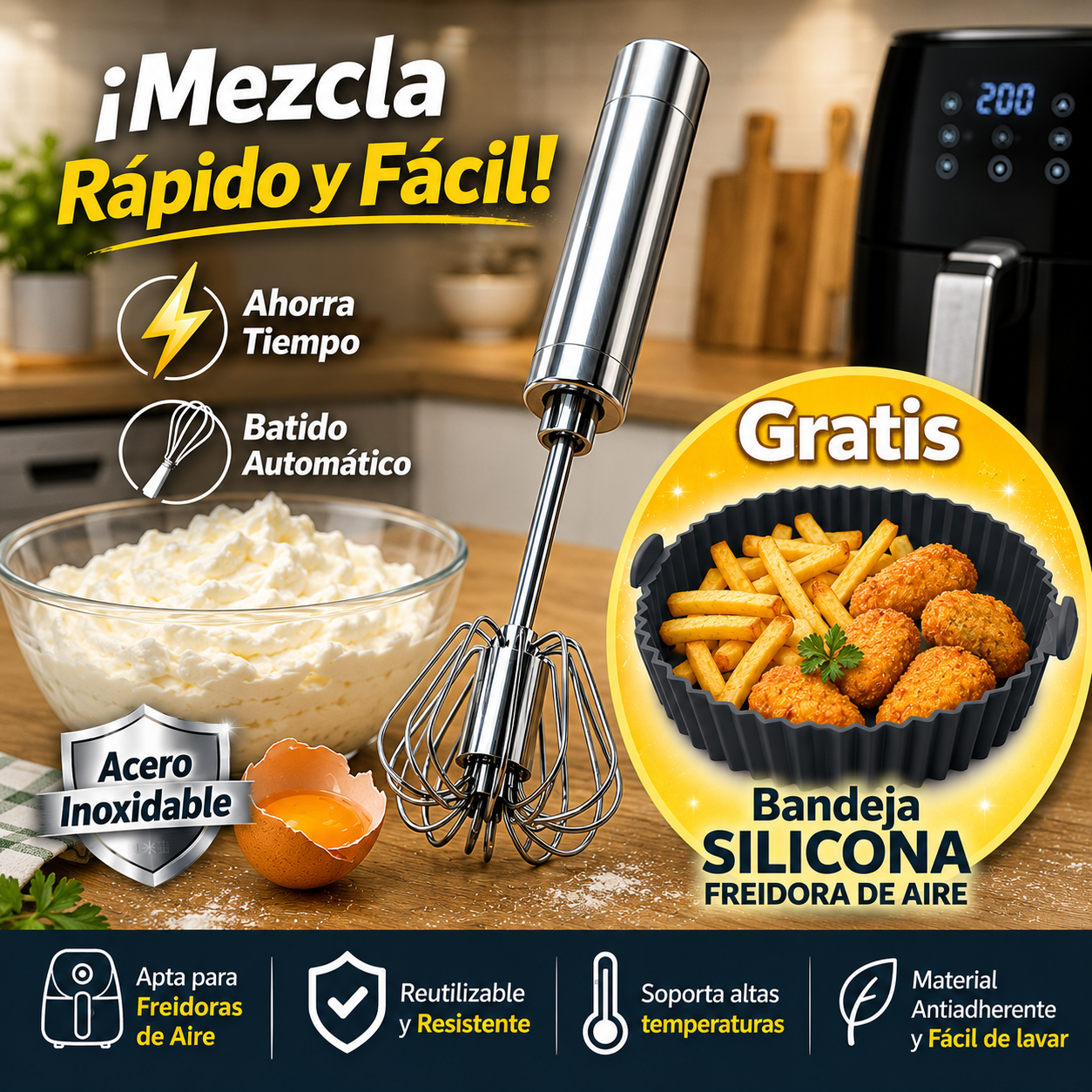 Batidor Manual + Bandeja De Silicona Freidora 20cm